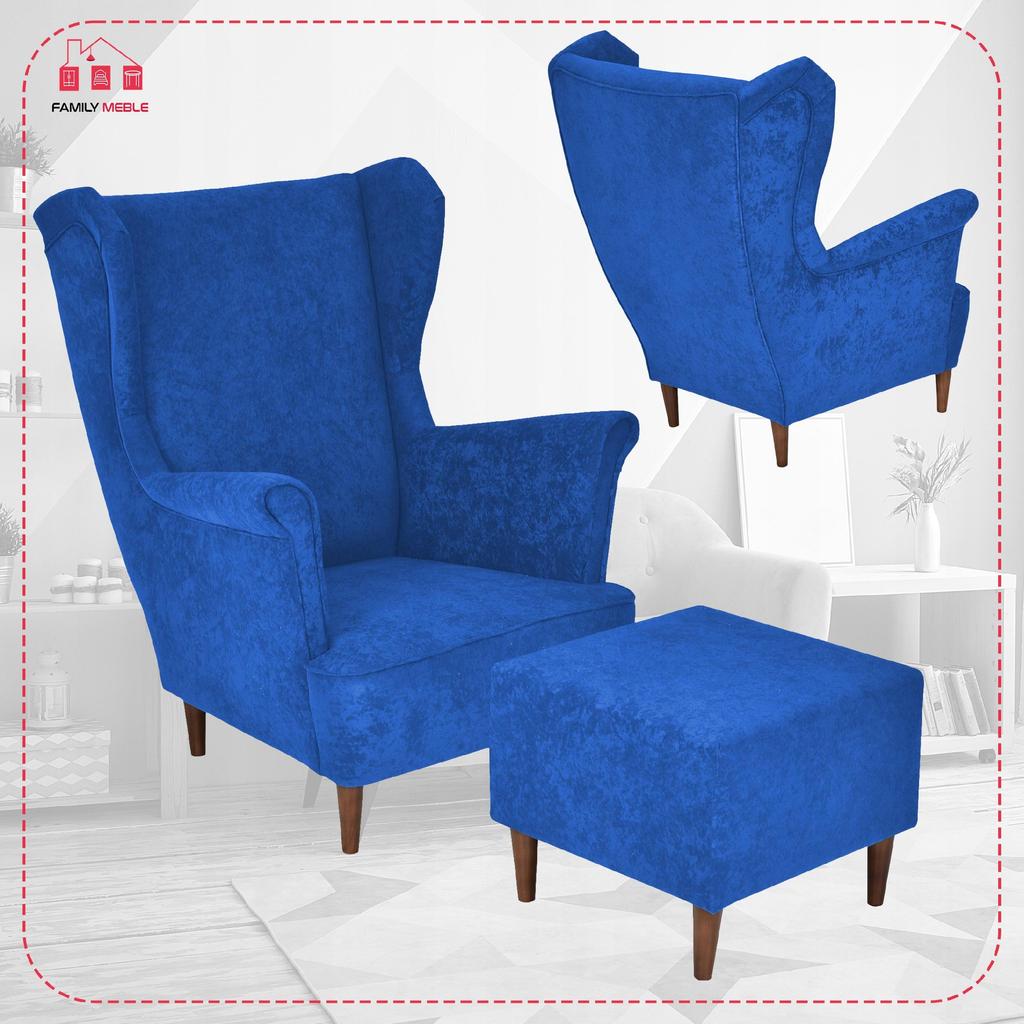 Fotel uszak MAX z podnóżkiem skandynawski Family Meble niebieski chabr