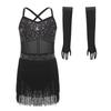 Mädchen Cross-Back-Trikot Netz-Patchwork Stufen-Quasten Ärmellos Latein-Outfit Netz-Handschuhe