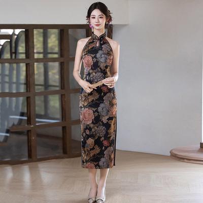 Water Drop Collar Neck Sleeveless National Style New Chinese Long Cheongsam Improved Young Women's High-end Retro Evening Dress