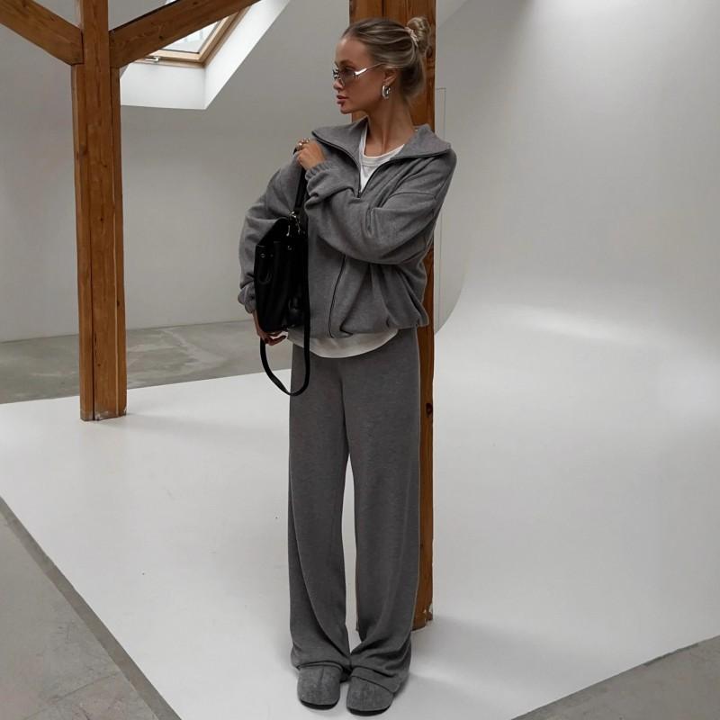 Women's Casual Knitted Sweater Suit Solid Color Top Trousers Two-piece Set
