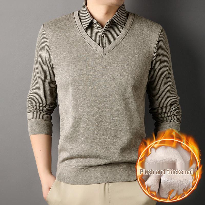 

Men’s Fleece-lined Slimming Sweater Pullover - Trendy Two-piece Knitwear Medium верблюд