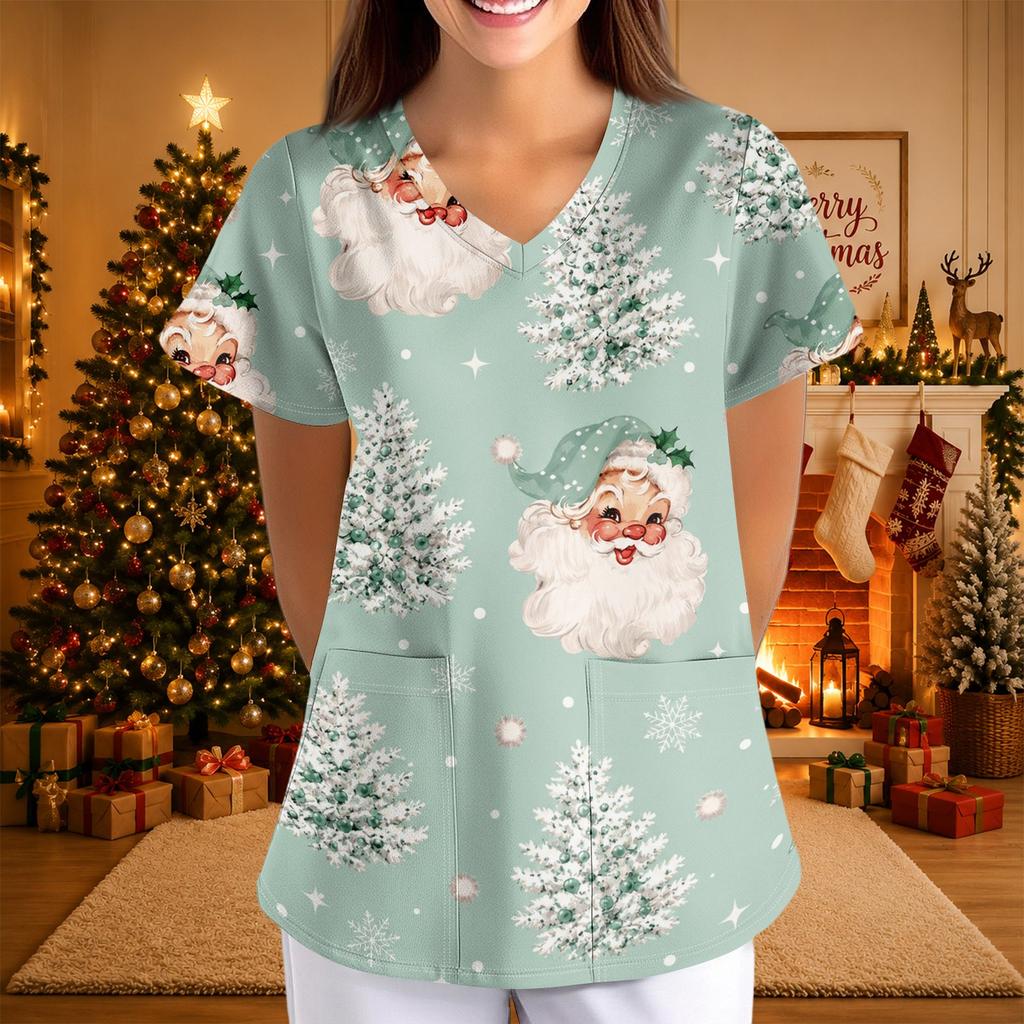 Women's Casual Fashion Printed Neck Top with Three-Quarter Sleeves for Christmas