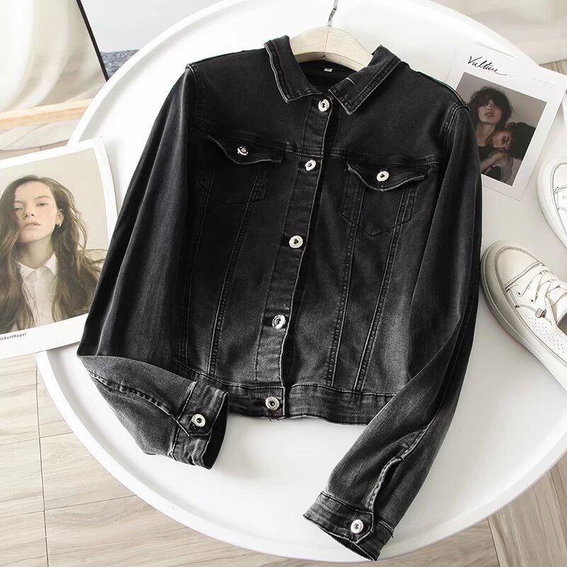 Women's Black Stretch Denim Jacket - Retro, Versatile, Short Spring Outerwear