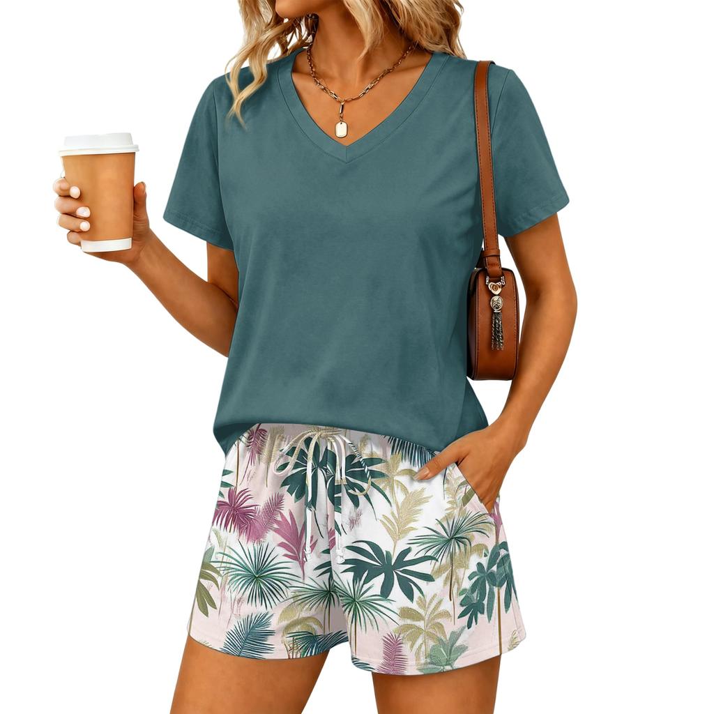 Women's Casual Two Piece Set V Neck Short Sleeve Top with Drawstring Waist Floral Print Shorts Lightweight Summer Outfit