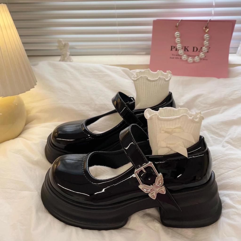 Black platform small leather shoes women's spring and autumn new height-increasing college Mary Jane single shoes