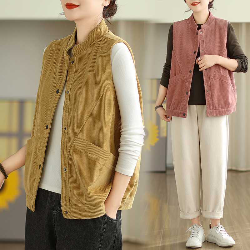 Retro-Cordweste aus superweichem Stoff für Damen, ideal für Frühling und Herbst. Stilvoll und lässig. Vielseitig ärmellose Samtjacke mit Pferdekragen.