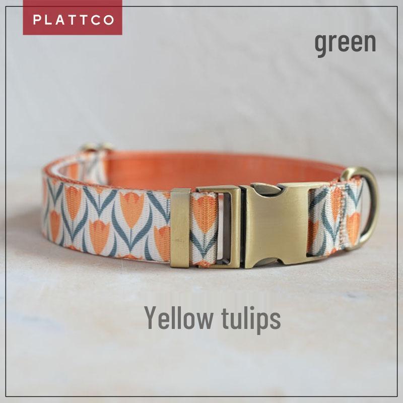 PLATTCO Fashion Yellow Tulip Print Nylon Pet Collar PDC357 L 2.5cm (49-55cm)