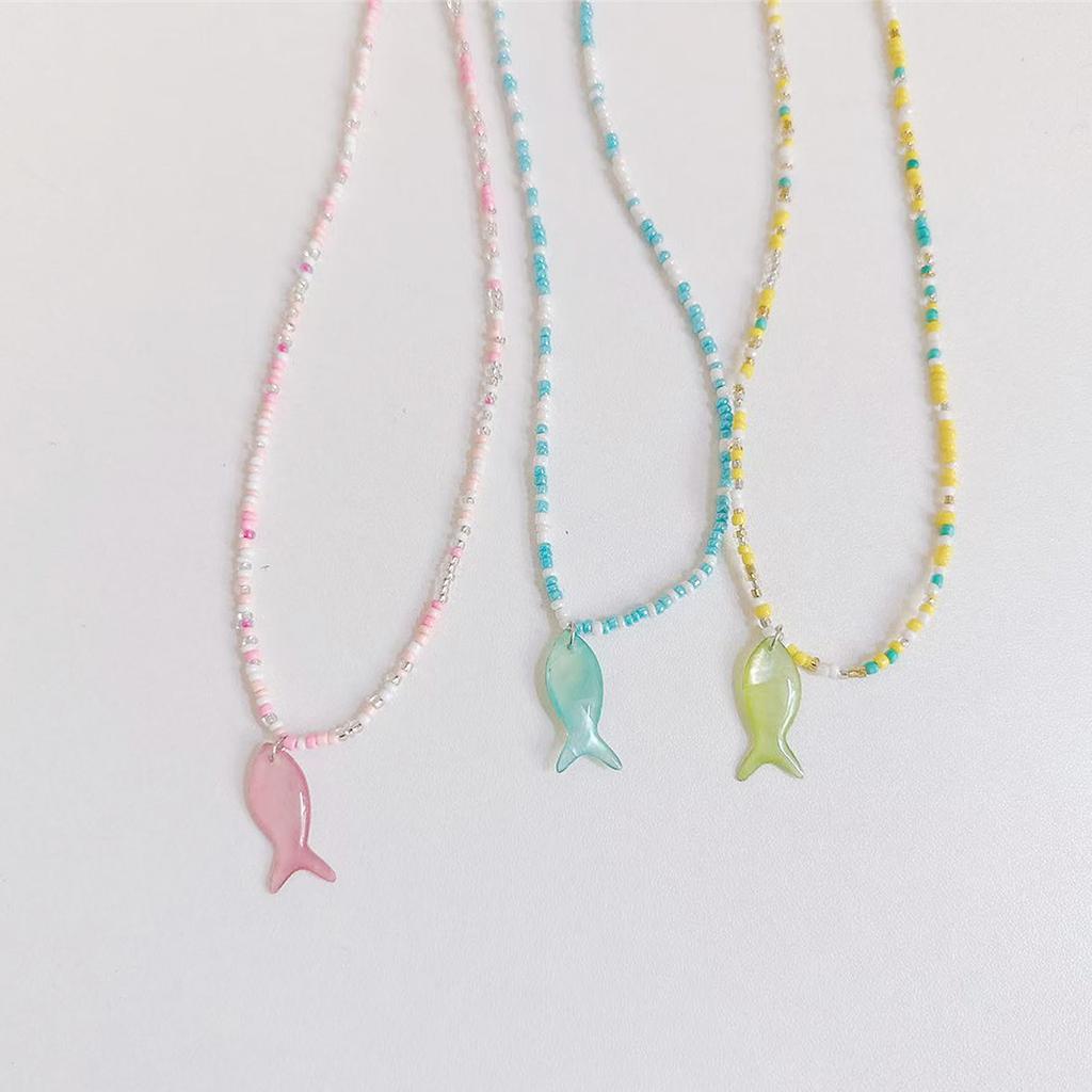 Vintage Blue Beaded Vintage Fish Pendant Necklace For Women Elegant Adjustable Length Collarbone Chain Gift For Her