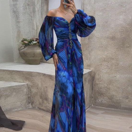 Women Evening Dress Off Shoulder Rhinestone Decor Pleated Long Lantern Sleeve Split