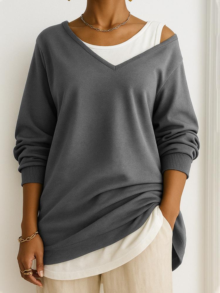 Casual V-Neck Long Sleeve Loose Pullover Mesh Fabric Multi-Coloured Womens Tops Sweatshirt Comfortable Fit Trendy Versatile for Spring Autumn