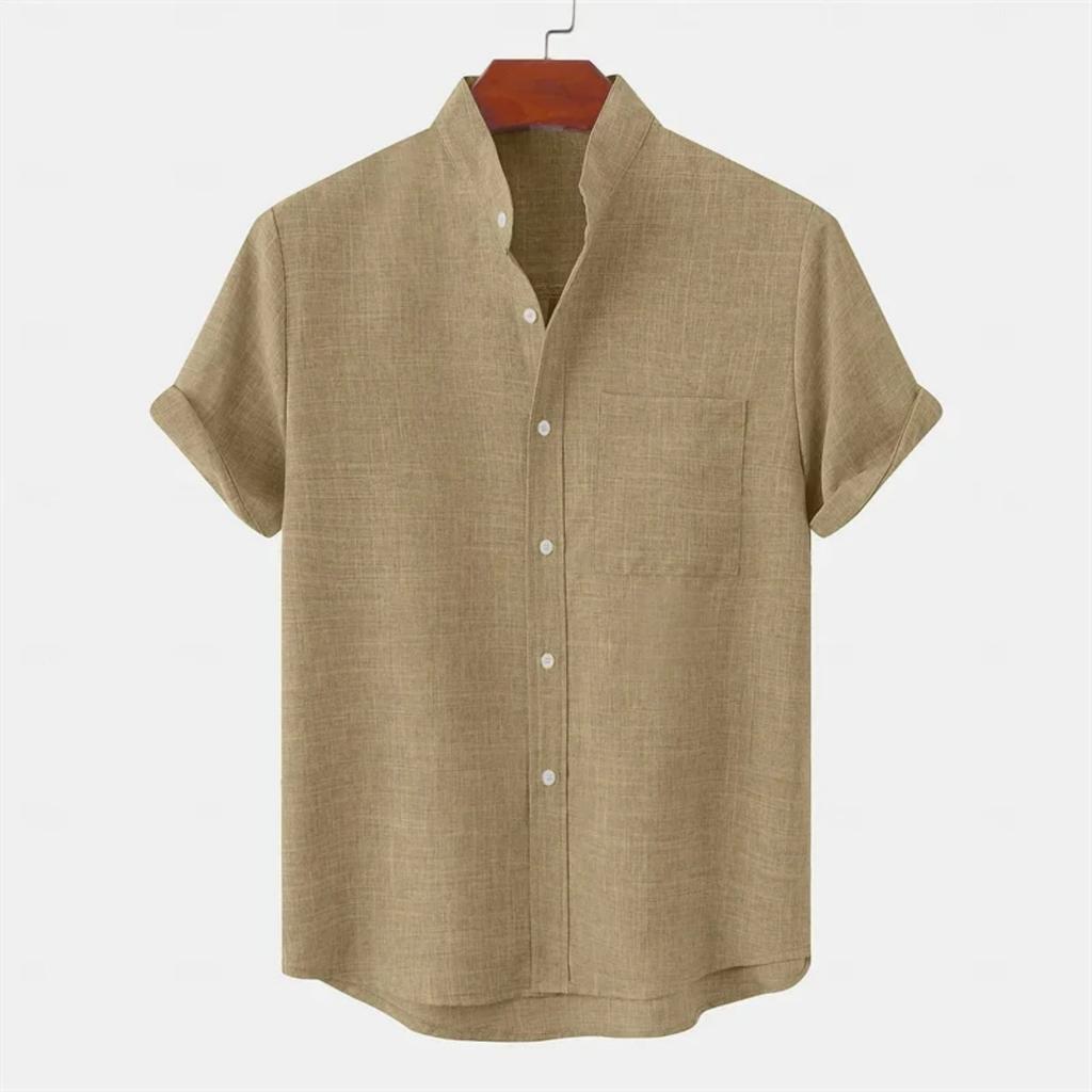 Summer New Stand-up Collar Simple Solid Color Button-down Short-sleeved Shirt Fashion Trend Shirt Men