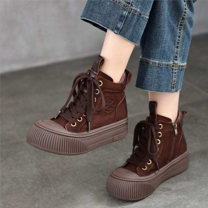 Johnature Versatile Plush Warm Short Boots Genuine Leather Round Toe Casual Women's Flat Platform Shoes