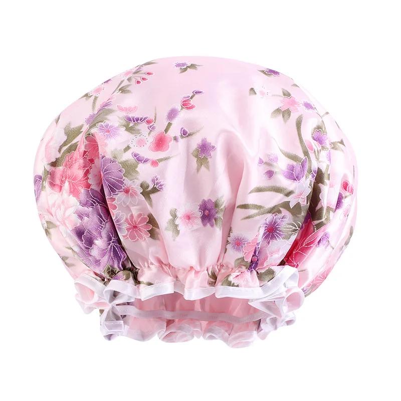 Large Lace Satin Anti-fume Cap PE Lined Waterproof Shower Cap Beauty Home Cap