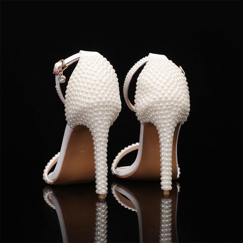 Fashion Luxury Pearls Rhinestones Ankle Strap Women Sandals Fashion Summer Stiletto High heels Pumps Sandals Wedding Bridal Prom Shoes