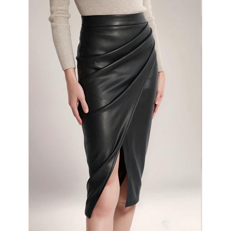2025 Spring/Summer Women's PU High-Waisted Zipper Ruffle Skirt - European & American Sexy Fit