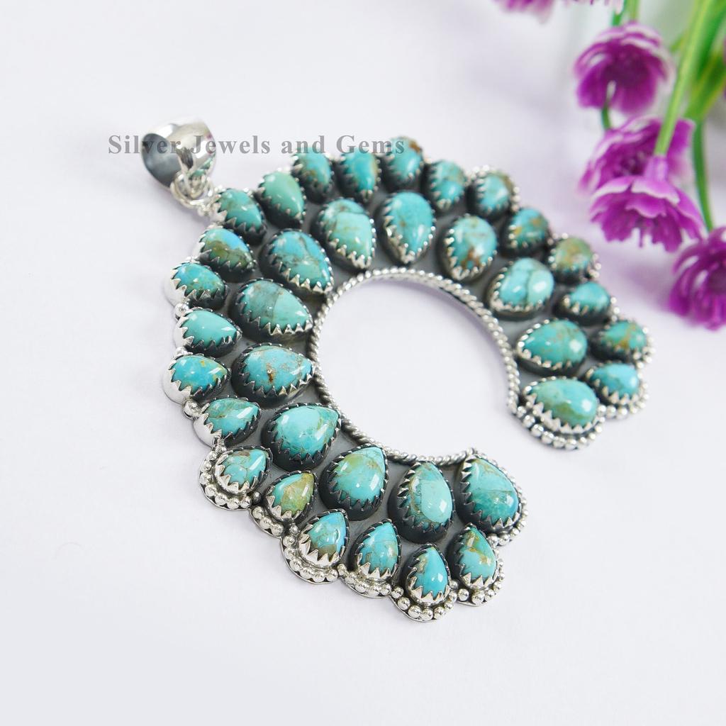 Genuine Turquoise Cluster Pendant-925 Sterling Silver Pendant-Kingman Turquoise Multi Stone Pendant-Gemstone Pendant-Wedding Pendant