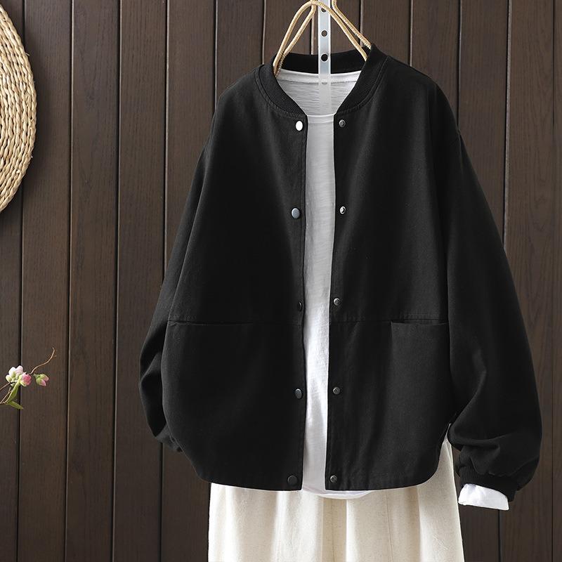 Women Plus Size Solid Loose Casual Workwear Baseball Jacket Outerwear