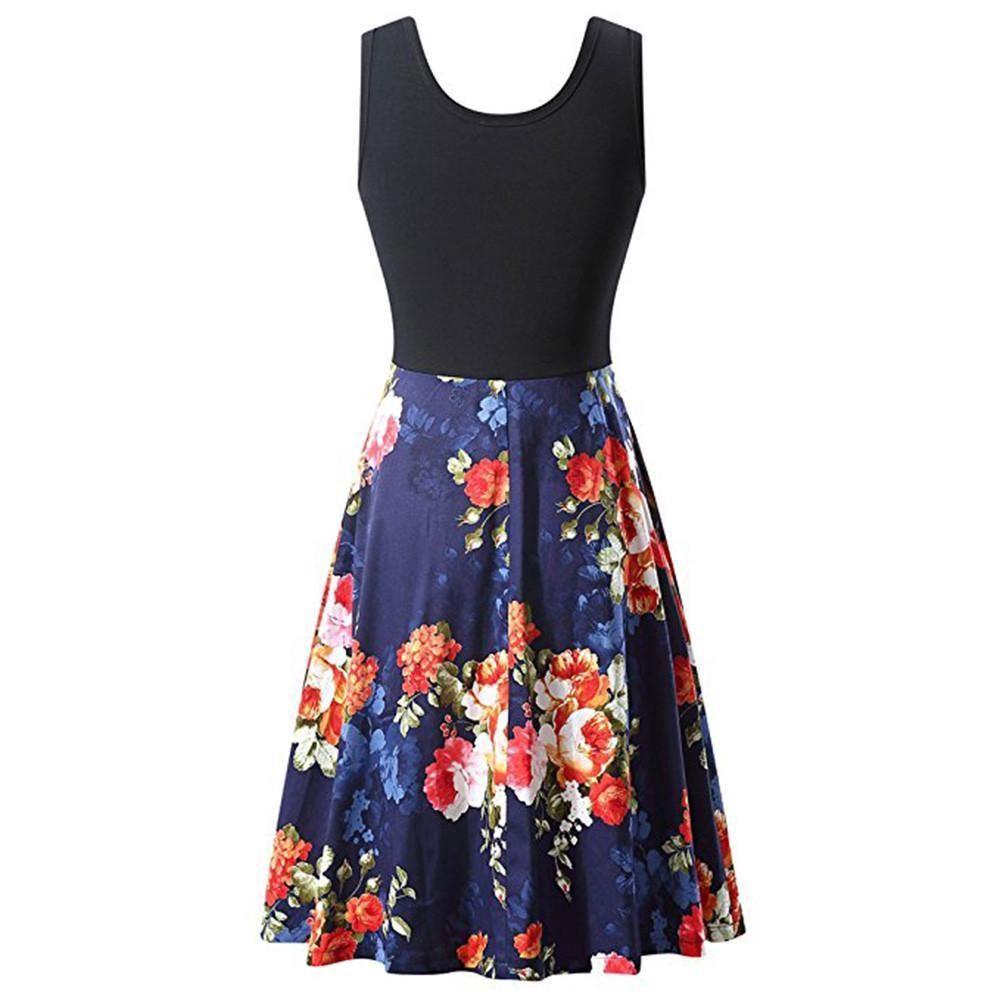 Robe d'été sans manches en coton à imprimé floral rétro pour femme, col rond, style vintage