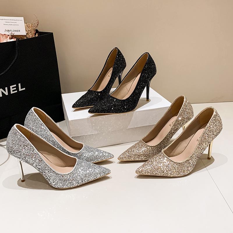 Fashion New Style Fashion Sexy Nightclub Slim High Heels Oversized Red Sole Women's Wedding Sequin Pointed Stiletto Heels Large Size 43