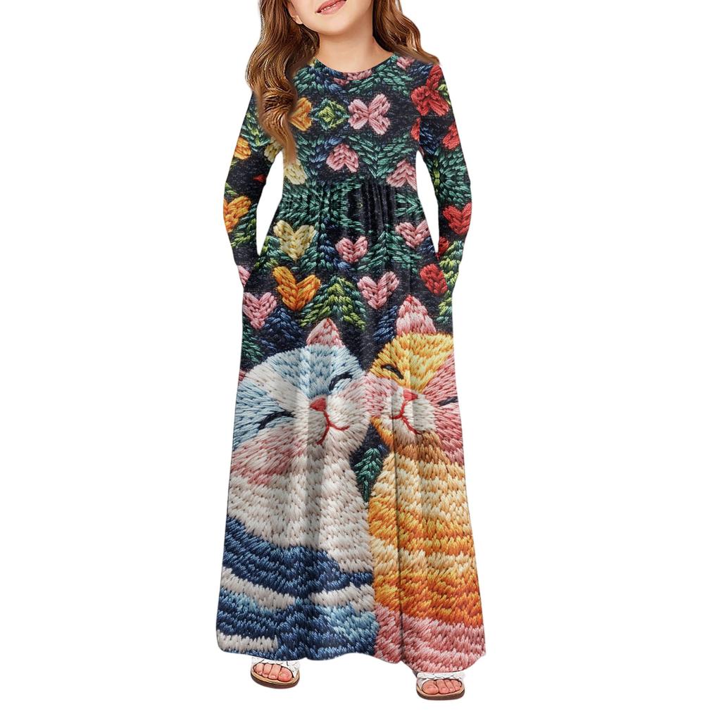 Girls' Maxi Dress - Long Sleeve Pocket Dress Valentine's Day