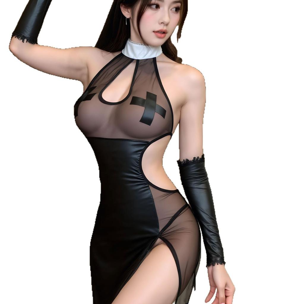 Sexy Female Sexy Dark Nun Hollow Skirt Split Forked Cosplay Uniform Seduction Role