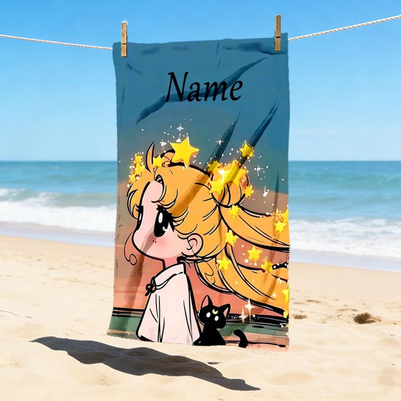 Personalized Name Moonlit Guardian Stylish Digital Printing Beach Towel Quick‑Drying Absorbent Blanket for Beach Pool Gym Travel