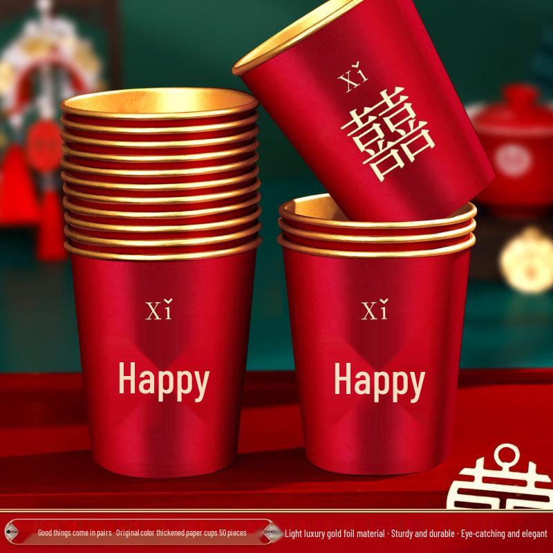 Disposable Gold Foil Wedding Paper Cups with Double Happiness Character - Red Thickened Banquet Cups