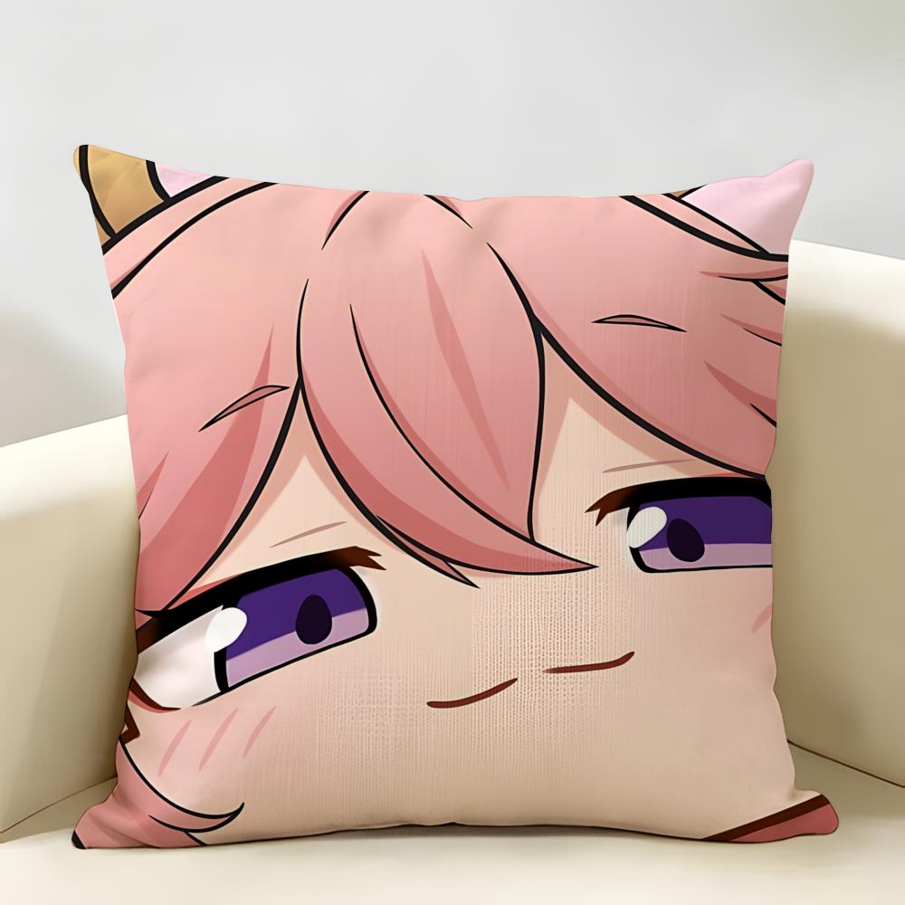 Yae Miko Cute Genshin Impact Cushion Cover Natural Linen Organic Fabric DoubleSided Printing Room Sofa Decor Pillow Case