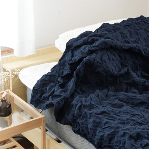Broccoli House Summer Single Blanket, 140x190cm, Cooling Cotton Blanket, Waffle Pattern, Lightweight, Baby Blanket, Cute, Soft, Solid Color, Navy