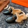 2025 Women's Genuine Leather Furry Half-Slippers with Horsebit Strap - Warm Autumn/Winter Shoes