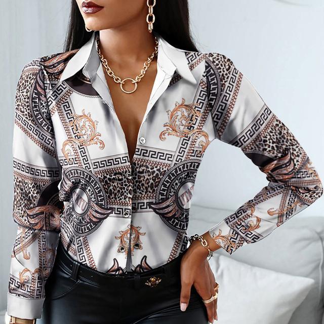 Spring Autumn Women Officewear Blouse Women Fashion Elegant Scarf Chain Print Button Design Shirt Long Sleeve Patchwork