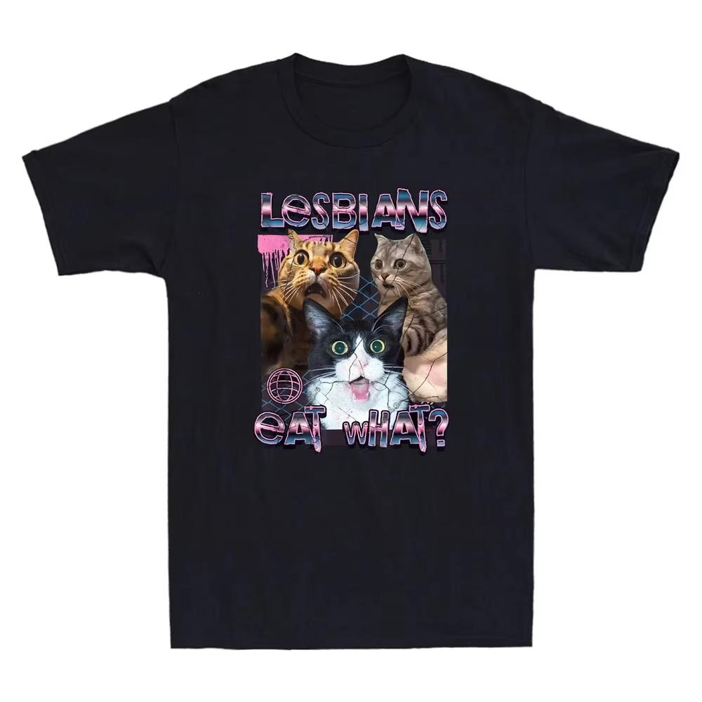 

Summer Esbians What To Eat Fun Cat Lovers Humor TShirt Unisex Casual Short Sleeve Top Streetwear Casual Aesthetic Clothes 4XL