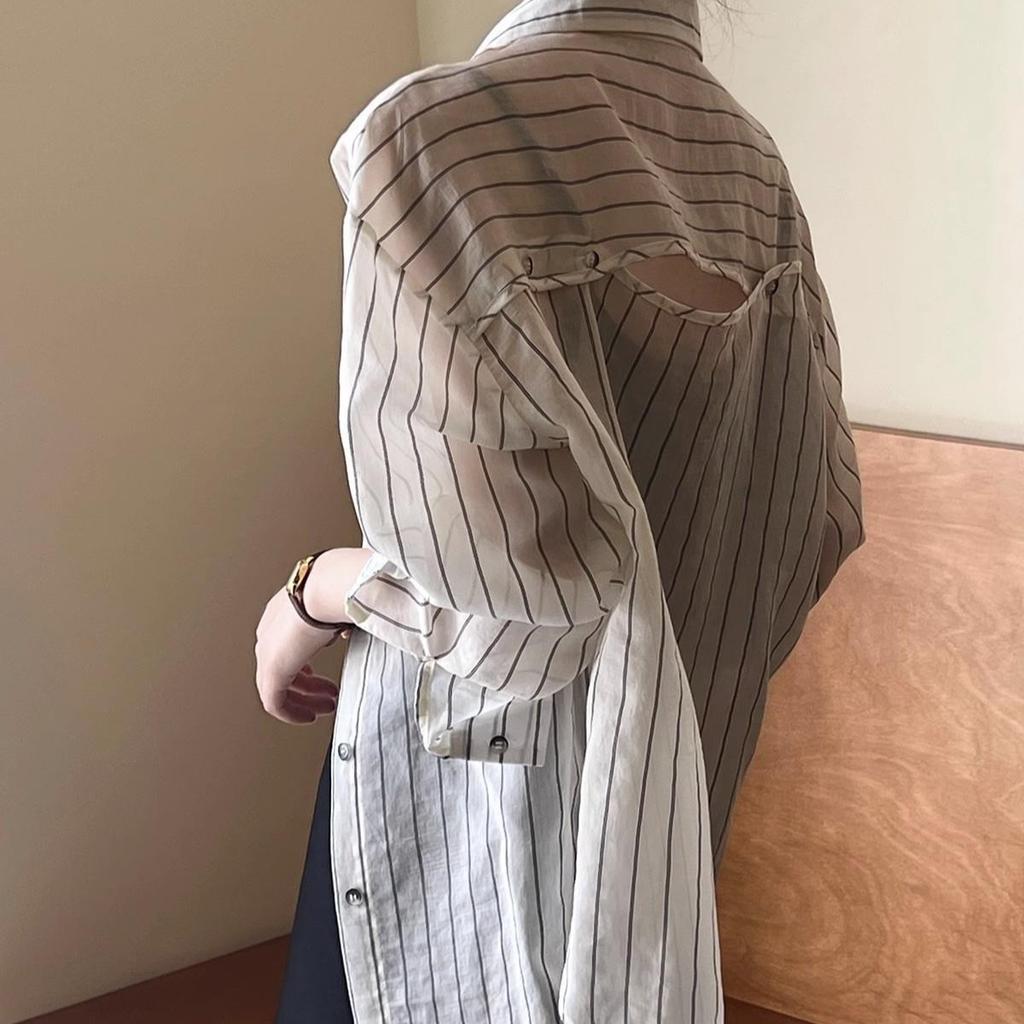 Large Size Ice Silk Striped Shirt for Women In Summer Thin Breathable Versatile Sunscreen Cardigan Jacket,Top