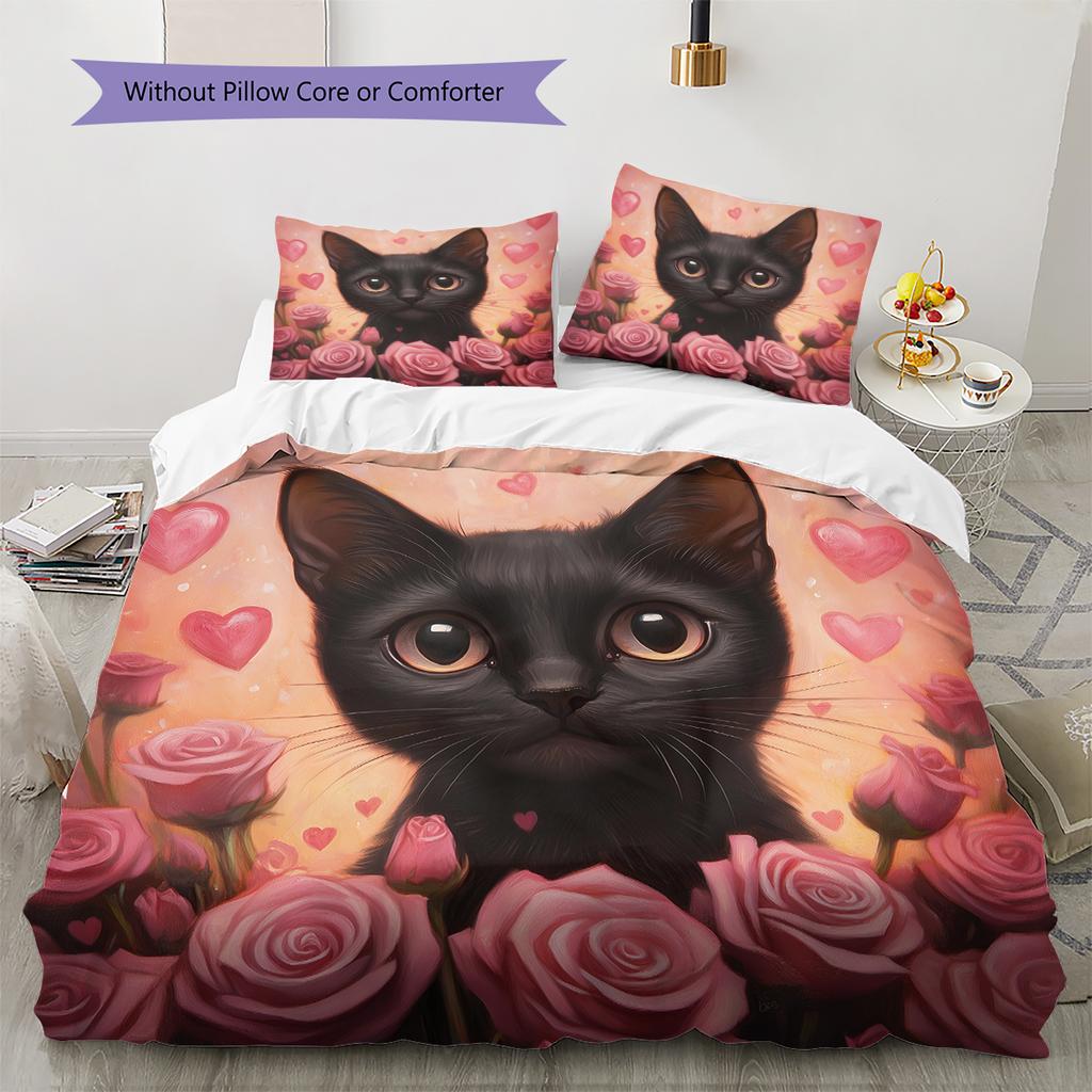 Pink Bombay Cat Pattern Bedding Home Decoration Birthday Gift (1 * Duvet Cover + 2 * Pillowcase, Without Core)