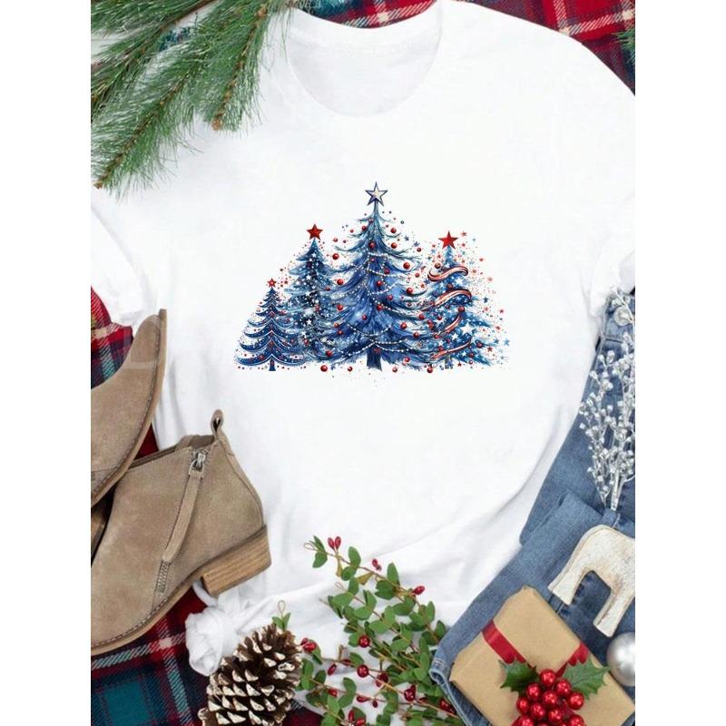 (European Size) New Year Holiday Lovely Trend 90s Tee Merry Christmas Top Festival Casual Women Print Lady Short Sleeve Fashion Graphic T-shirts