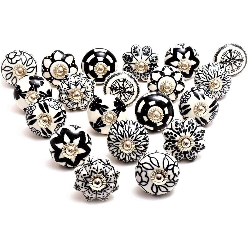 Ceramic Knobs Assorted Pottery Drawer,Door Knobs and Pulls Handle for Kitchen Cabinets Home Interior Decor Knobs (Black and White, Pack of 15)