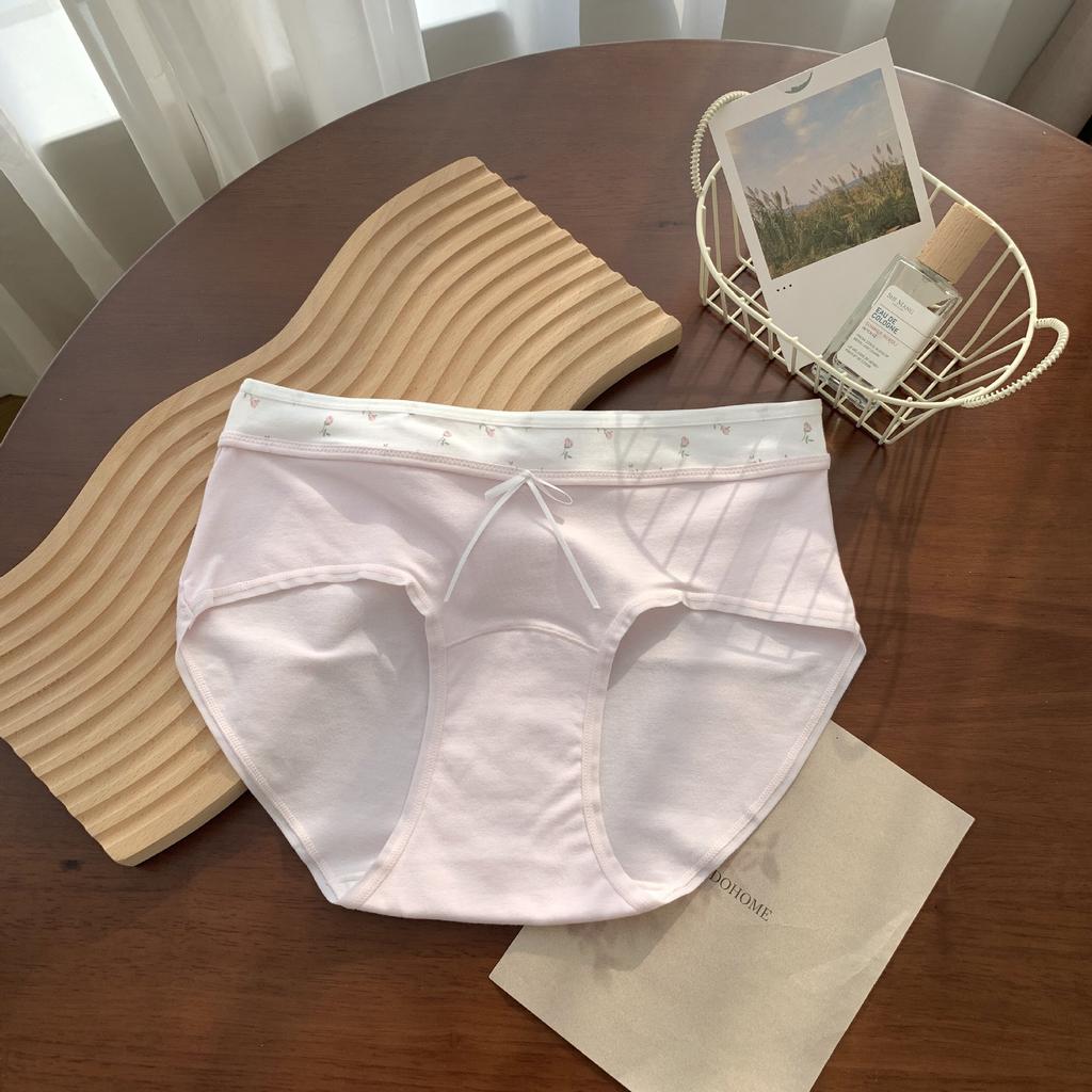 Women's Spring and Summer Sweet Printed Pure Cotton 10A Antibacterial Extension Cotton File Middle Waist Briefs