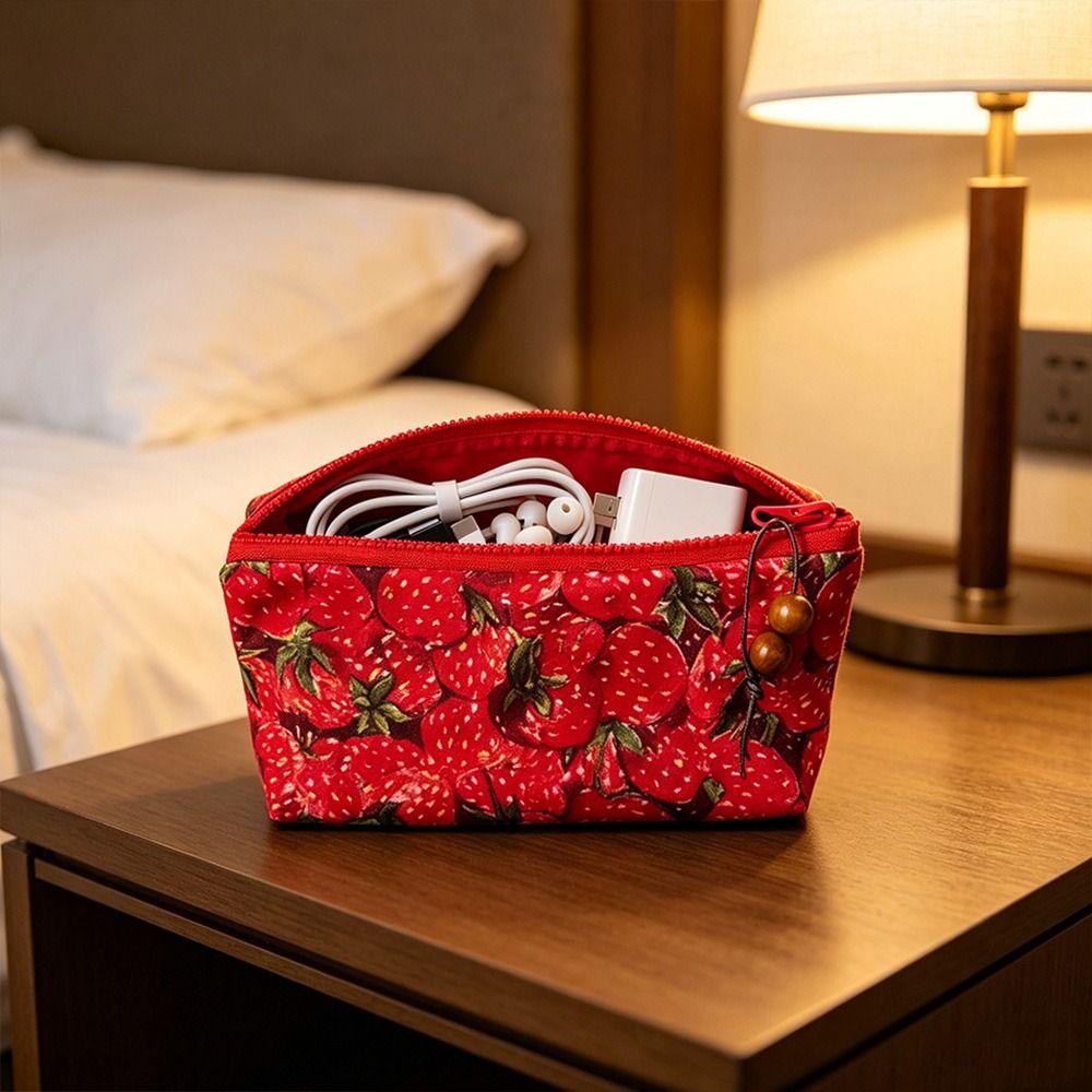 Zipper Design Pencil Case Strawberry Print Cosmetic Bag Trendy Makeup Pouch School Supplies