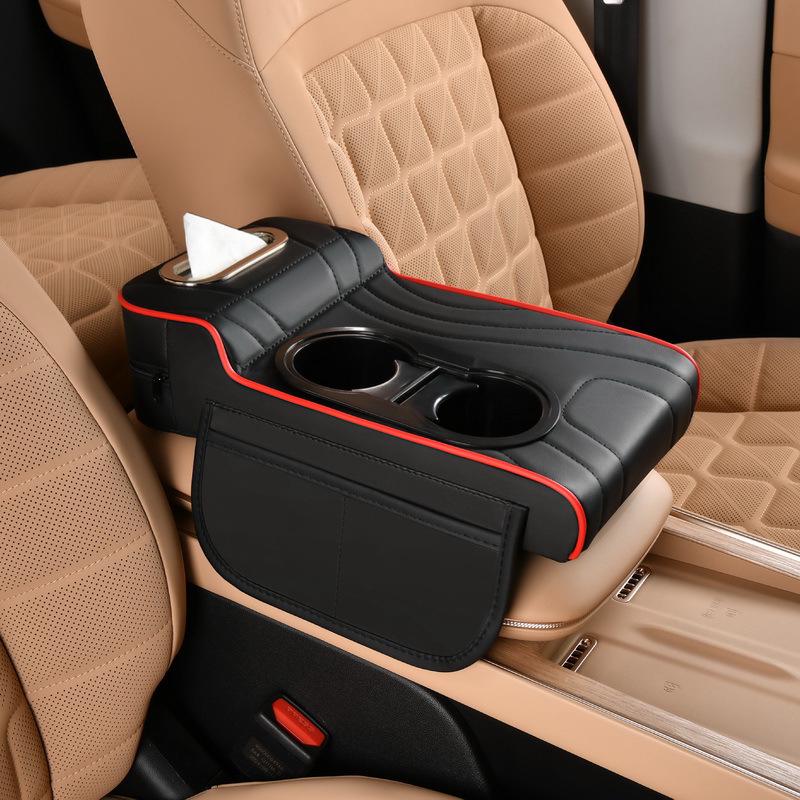 2025 Premium Leather Car Armrest Cover with Riser Pad & Dual Cup Holder