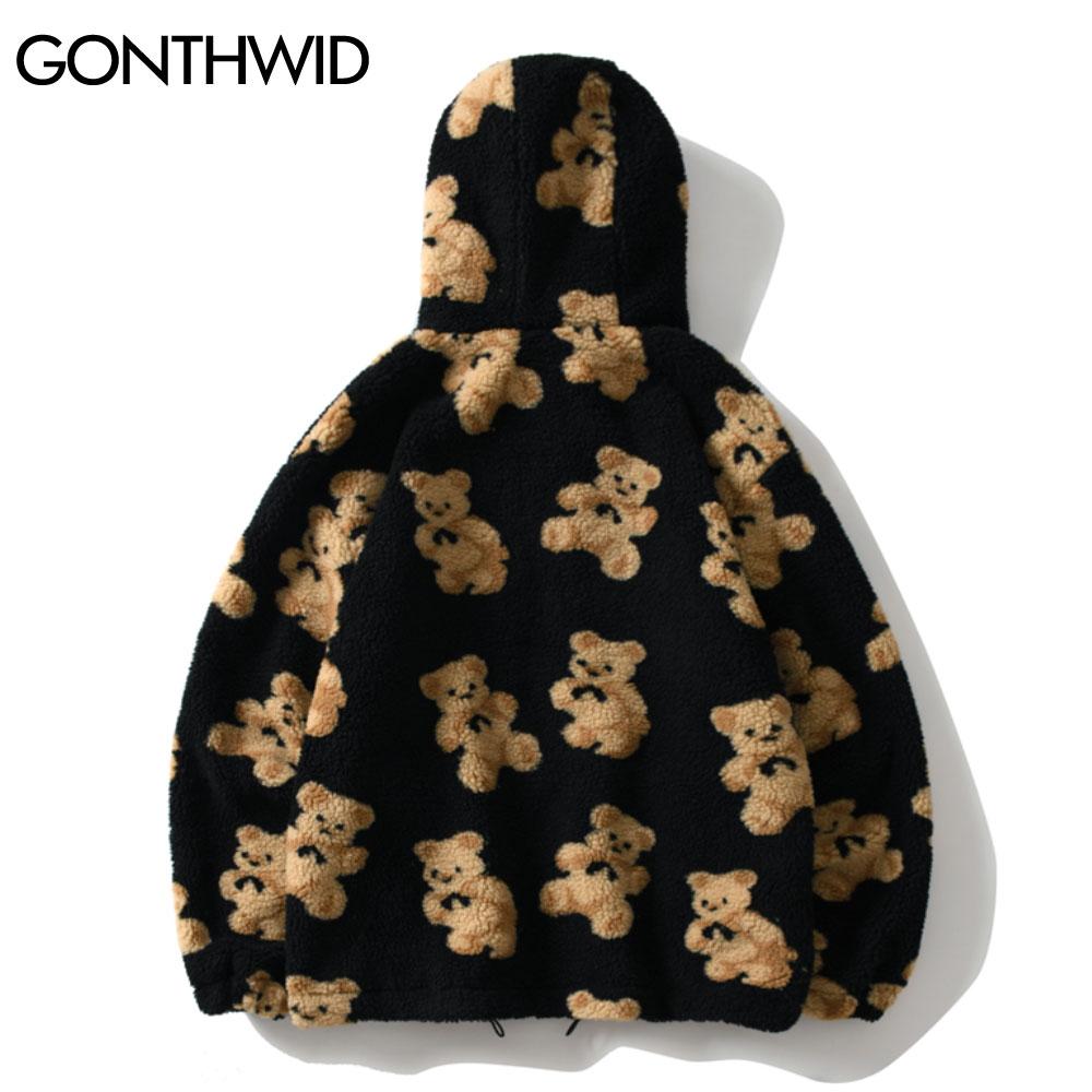 Fleece Hooded Jackets Streetwear Casual Harajuku Hip Hop Men Women Fashion Bear Print Full Zip Hooded Coat Tops Outwear