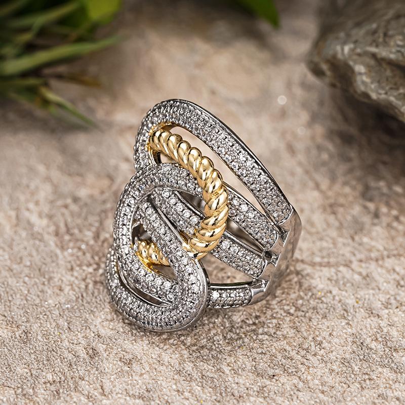 Shiny multi-layer three-dimensional line interwoven ring, business style copper plating two-color hollow geometric wide version ring