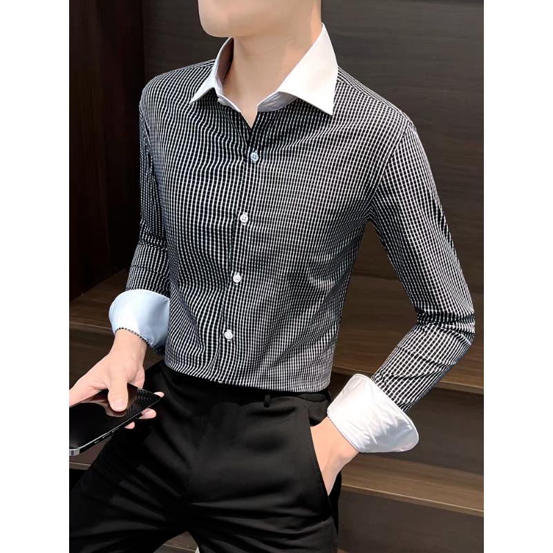 

Men s Black & White Check Print Shirt Contrast Collar Cuffs Slim Fit Long Sleeve Button-Down Top L чорний