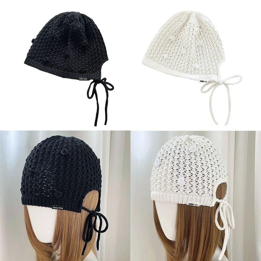 Hollowed Out Knitted Hat Casual Sun Visor Breathable Beret Cap  for Women