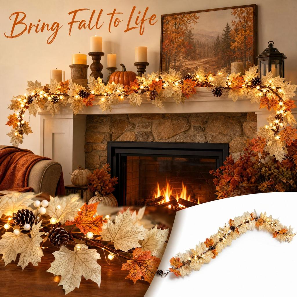 1.8M Fall Maple Leaf with Lights for Mantel Porch Table Decor