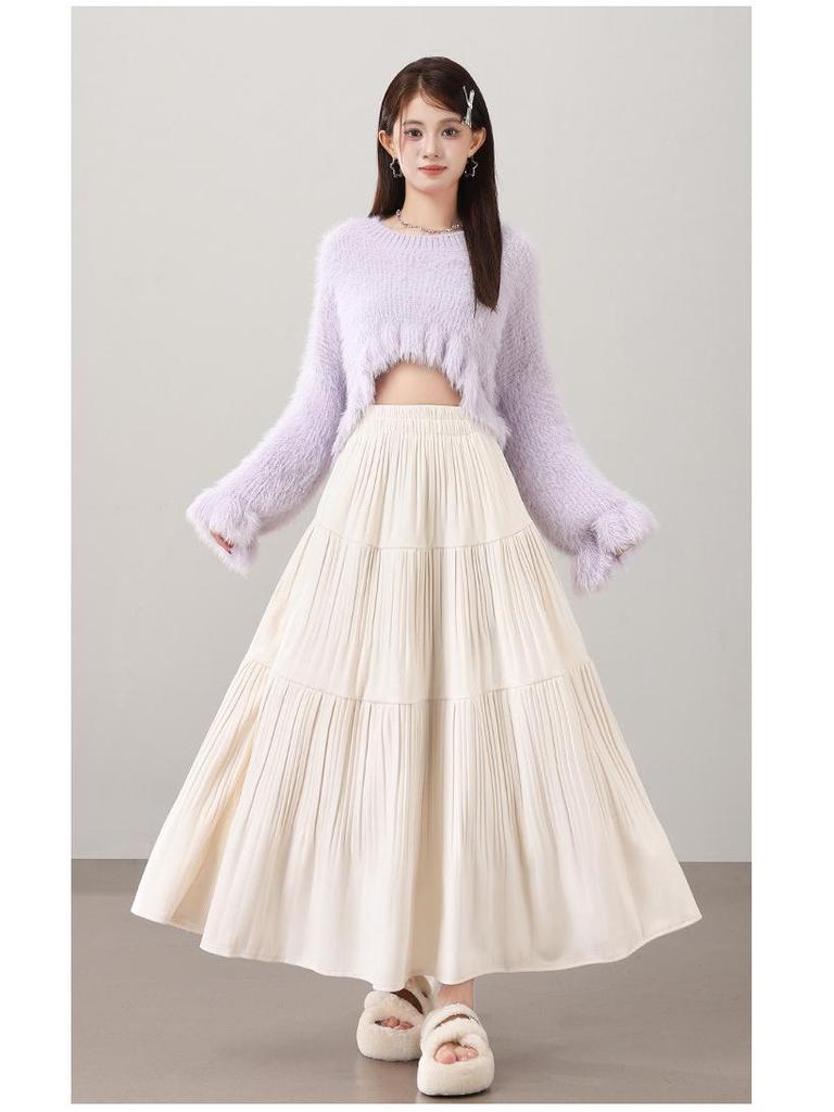 2025 Fall/Winter Layered Woolen Flare A-Line Skirt - Slimming, High-Waist, Long Design