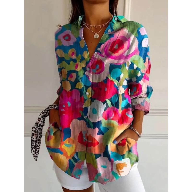 New Women's Long Shirt Summer Trend Long Sleeve Shirt Floral Pattern Printed 3D Shirt