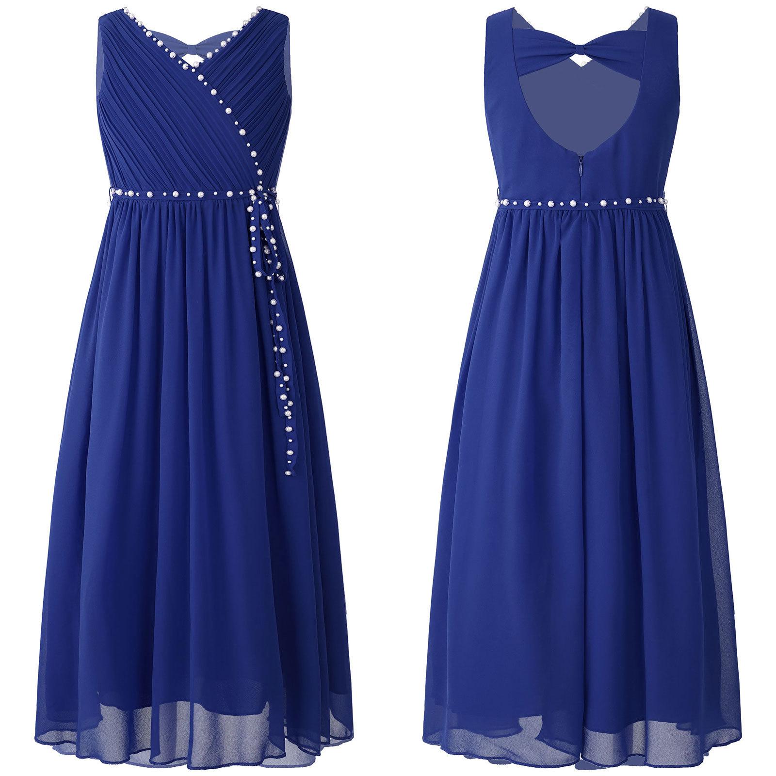 

Дитяча шифонова весільна сукня для подружок нареченої без рукавів, вишита бісером, танцювальна сукня для дівчаток. 11-12 Years королівський синій колір