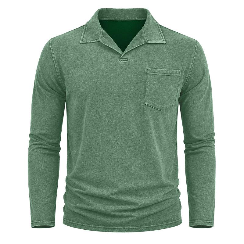 Men Vintage Washed Distressed Long Sleeve Polo Shirt Turn Down Collar Casual Top