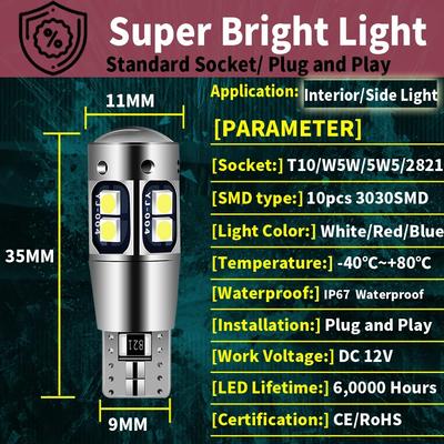 2 Pièces Super Lumineux T10 W5W 168 192 Led Feu Arrière Blanc 3030 10SMD 12V Voiture Led Lampe Auto CANBUS SANS Erreur Ampoule de Stationnement de Marqueur de Voiture