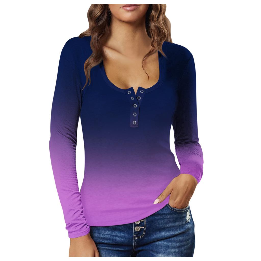 Women's Fashion Long Sleeve Gradient Button Low Chest Sexy Pullover T-Shirt Top